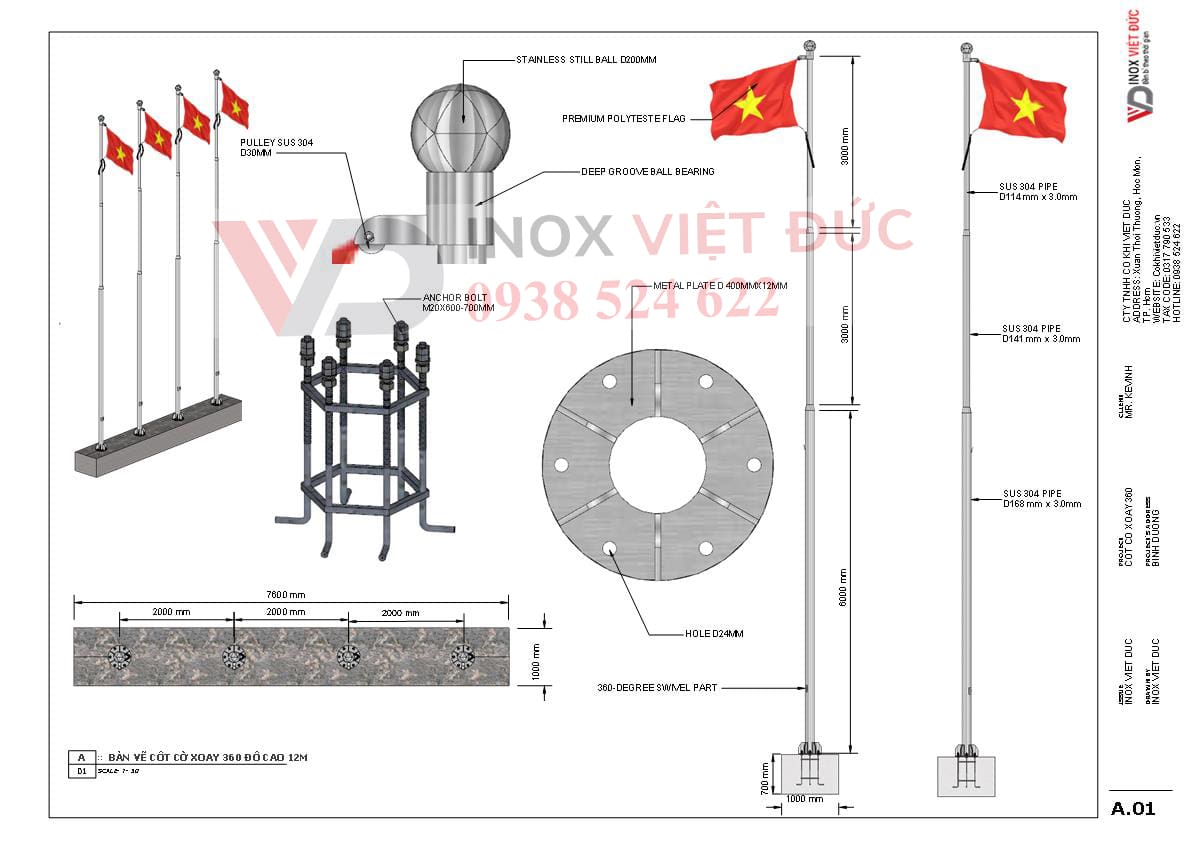 Bản vẽ cột cờ inox xoay 360