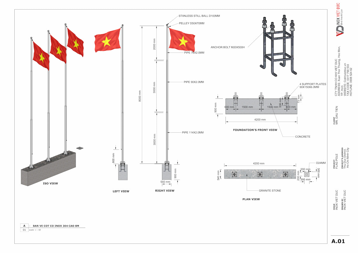 bản vẽ cột cờ inox