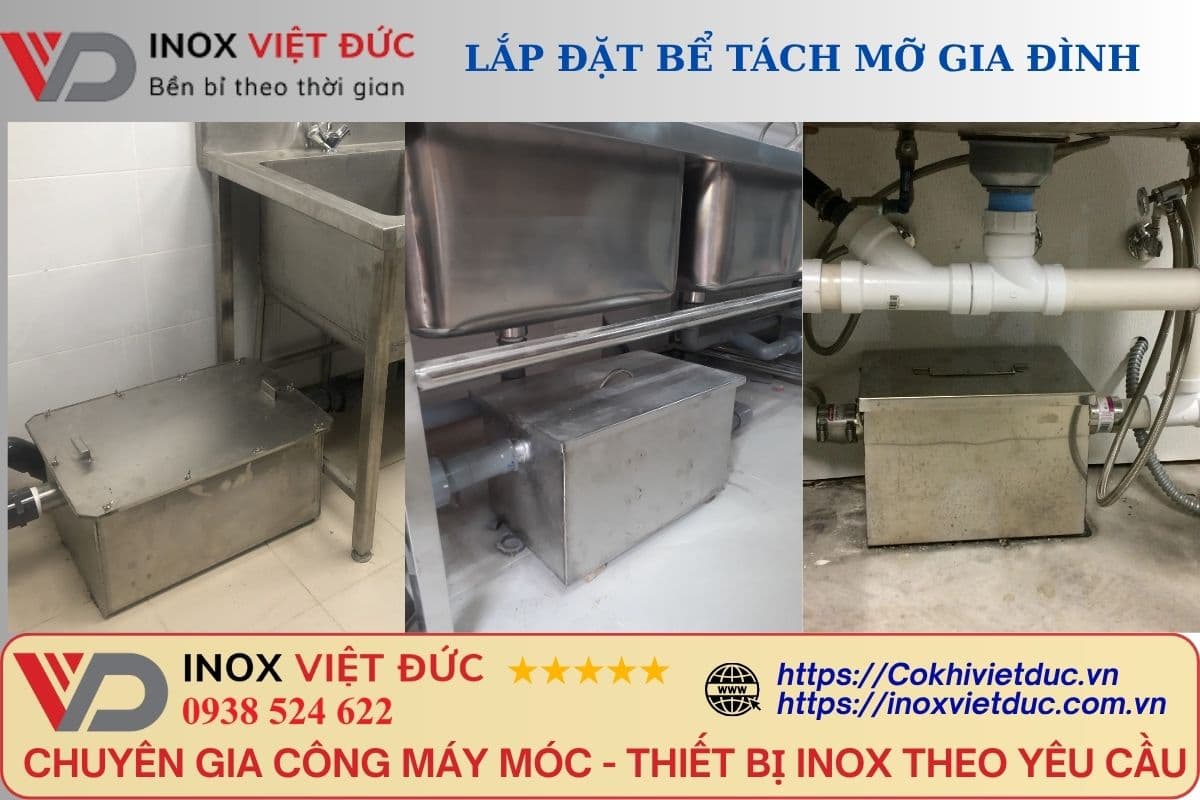 Bể tách mỡ âm chậu rửa inox 304 lắp đặt gọn gàng dưới bồn rửa, giúp lọc rác và tách dầu mỡ hiệu quả, ngăn tắc cống và mùi hôi.