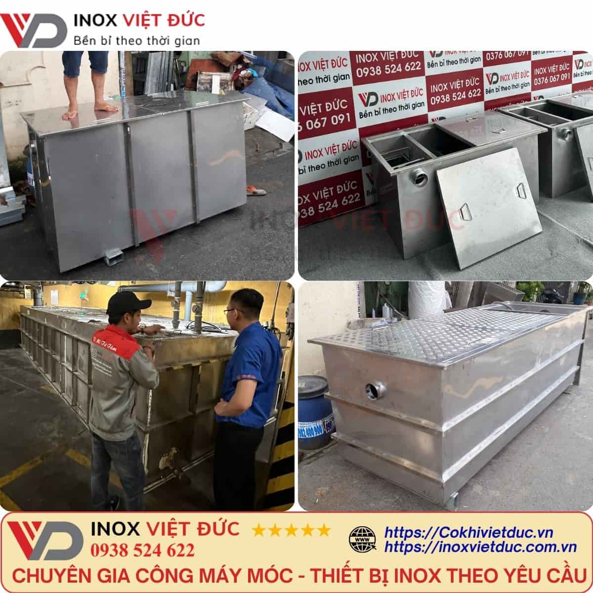 Bể tách mỡ inox 304 Inox Việt Đức – sản xuất trực tiếp tại xưởng Hóc Môn, thiết kế 3 ngăn lọc rác, tách dầu mỡ và xả nước sạch, độ bền cao.