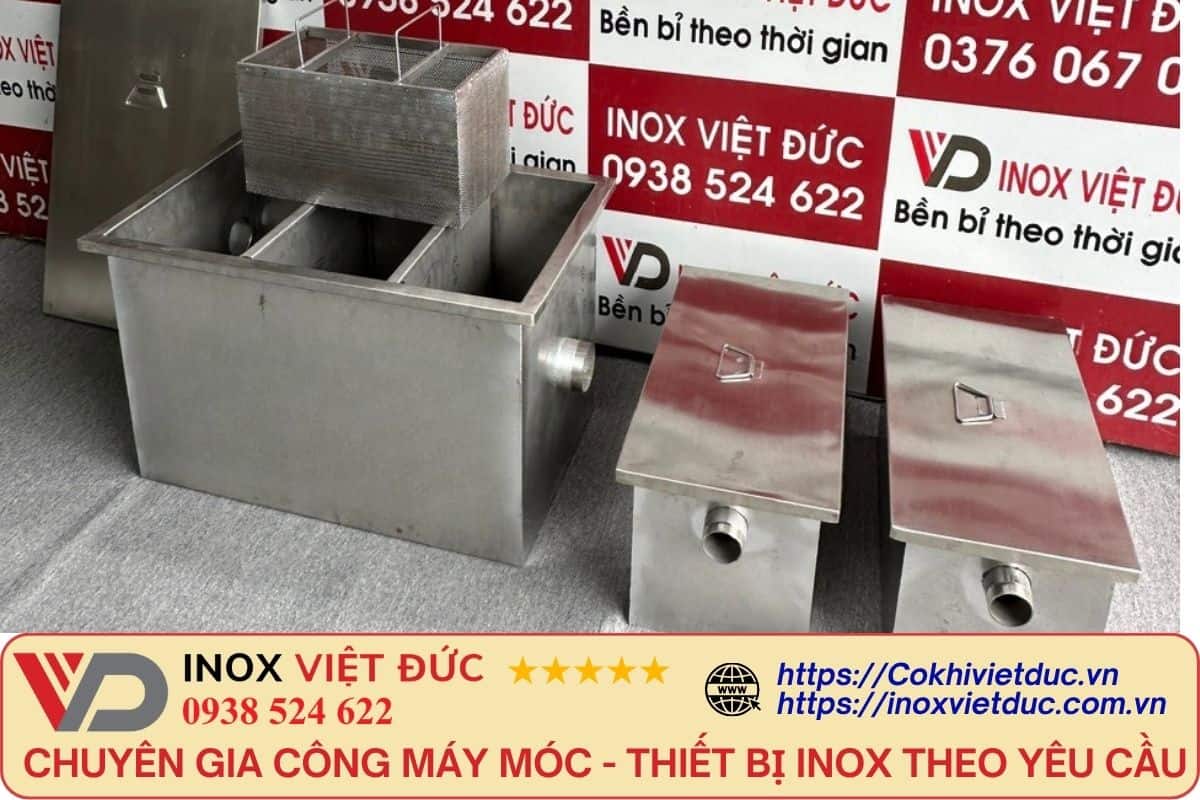 Bể tách mỡ inox 304 cao cấp, thiết kế dày dặn, chống gỉ tuyệt đối, tách dầu mỡ hiệu quả cho nhà hàng, khách sạn và hộ gia đình.