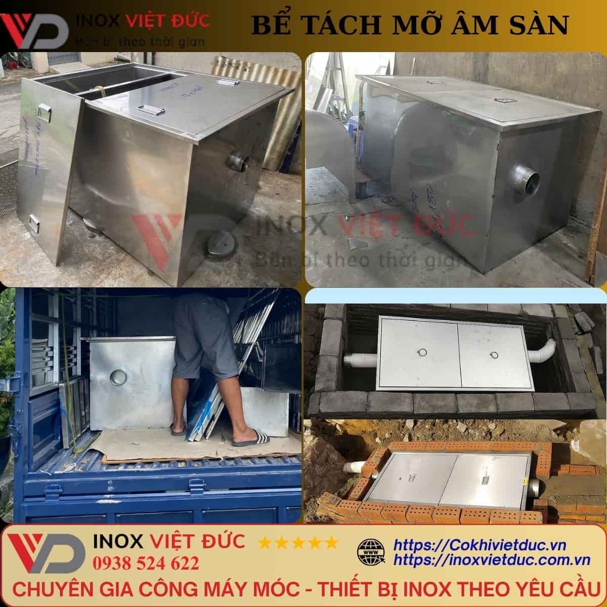 Bồn tách mỡ nhà hàng 350L inox 304 – 3 ngăn lọc rác, tách mỡ, nước sạch, hàn TIG kín, hiệu suất 99%, phù hợp bếp ăn công nghiệp – Inox Việt Đức sản xuất.