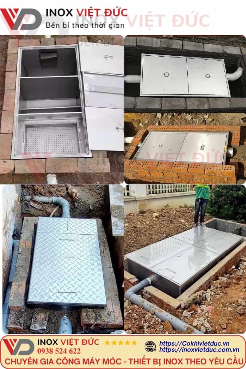 Bể Tách Dầu Mỡ Nhà Hàng 150L 16 Bể tách mỡ âm sàn 150L inox 304 lắp đặt dưới nền bếp, hàn TIG kín, 3 ngăn tách mỡ, có nắp chịu lực và ron chống mùi, Inox Việt Đức.