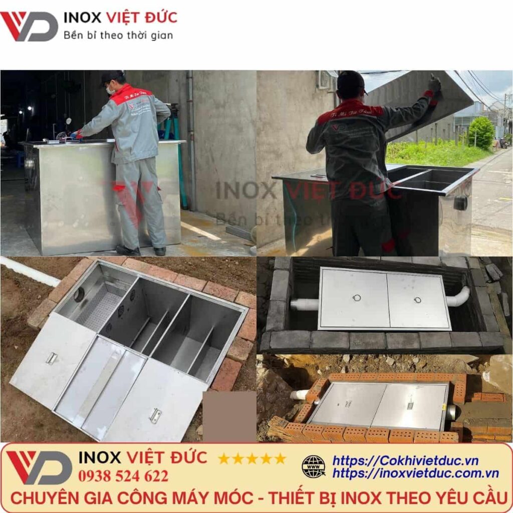 Ảnh ghi lại ứng dụng thực tế của bể tách mỡ công nghiệp inox 304 trong hệ thống thoát nước của bếp lớn và khu chế biến thực phẩm. Thiết bị giúp lọc rác, tách dầu mỡ và giảm tắc nghẽn đường ống, nâng cao độ ổn định cho toàn bộ hệ thống vận hành. Công trình được thi công bởi đội ngũ Inox Việt Đức.