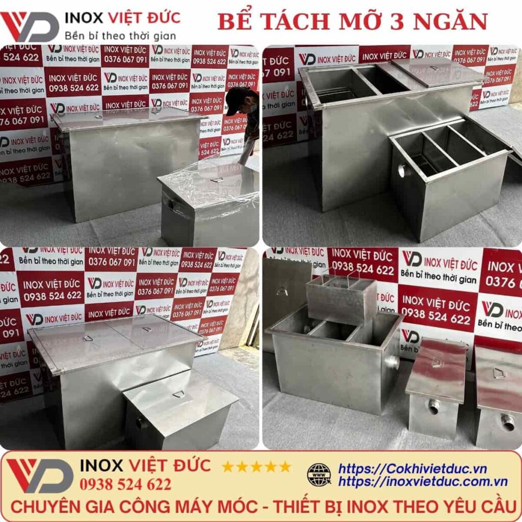 Ảnh mô tả nguyên lý hoạt động của bể tách mỡ inox 304 dựa trên cơ chế dòng chảy chậm và phân tầng trọng lực. Nước thải qua lần lượt 3 ngăn gồm lọc rác, tách lớp dầu mỡ nổi và lắng nước sạch trước khi thoát ra hệ thống. Thiết kế này giúp giảm tắc nghẽn và nâng cao hiệu suất xử lý cho bếp công nghiệp.