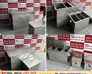 Ảnh mô tả nguyên lý hoạt động của bể tách mỡ inox 304 dựa trên cơ chế dòng chảy chậm và phân tầng trọng lực. Nước thải qua lần lượt 3 ngăn gồm lọc rác, tách lớp dầu mỡ nổi và lắng nước sạch trước khi thoát ra hệ thống. Thiết kế này giúp giảm tắc nghẽn và nâng cao hiệu suất xử lý cho bếp công nghiệp.