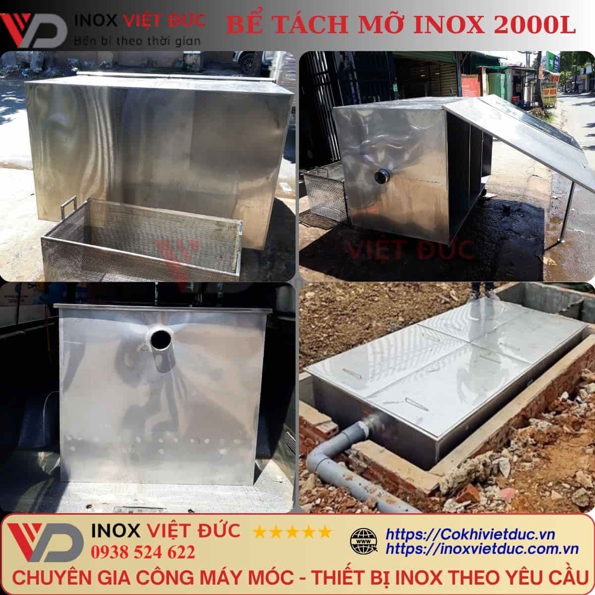 Bể tách mỡ công nghiệp 2000L inox 304 thiết kế ba ngăn lớn