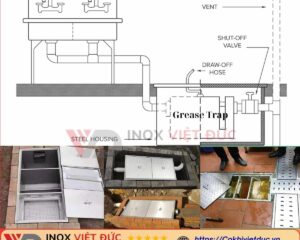 Thùng Tách Mỡ Gia Đình 90L 7 mô phỏng vị trí lắp đặt âm sàn bể tách mỡ gia đình 90l inox 304 dưới chậu rửa