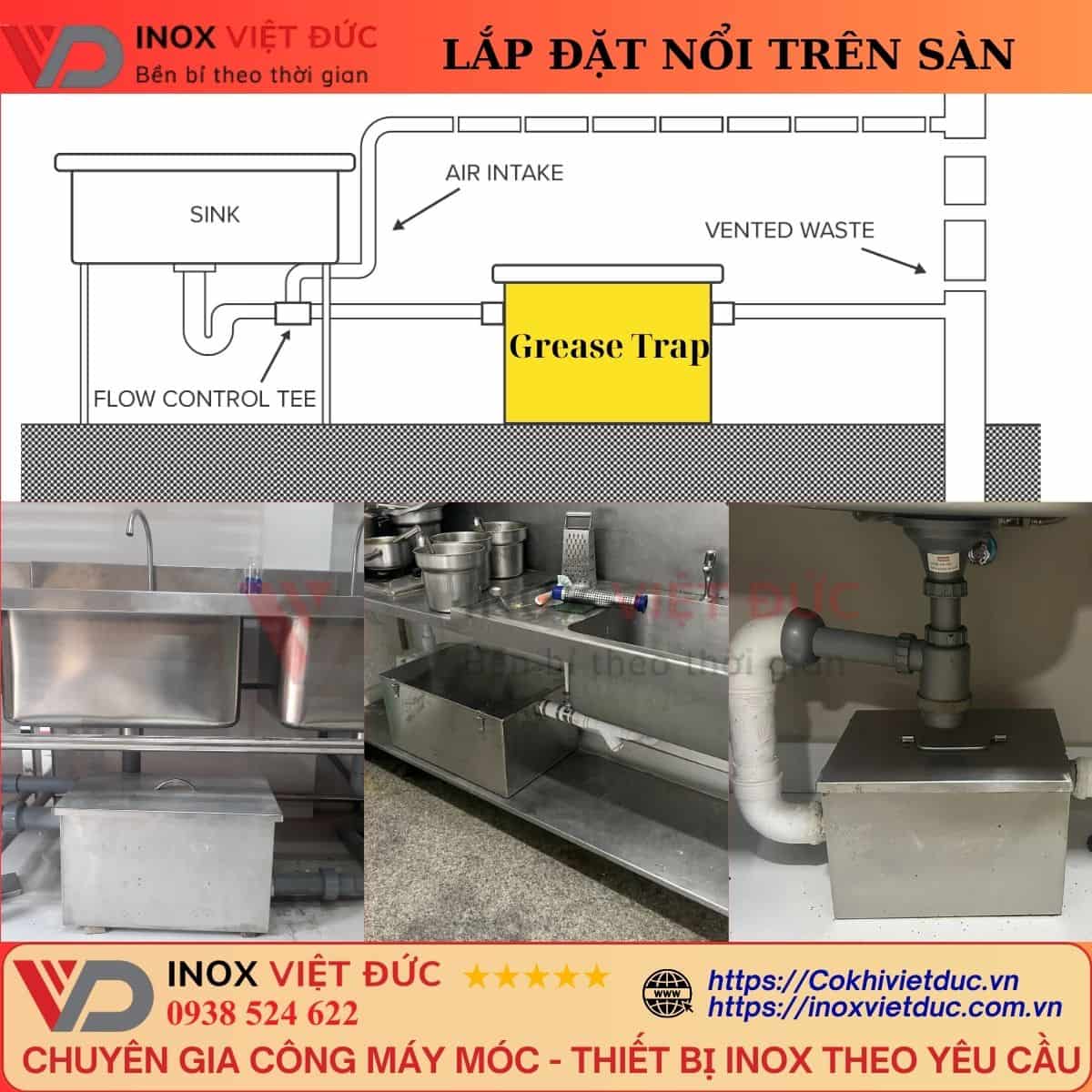 Thùng Tách Mỡ Gia Đình 90L 14 mô phỏng vị trí lắp đặt nổi thùng tách mỡ gia đình 90l inox 304 dưới chậu rửa
