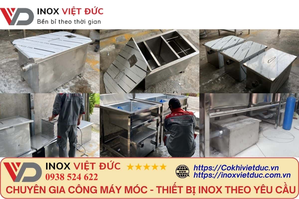 Bể Tách Mỡ Gia Đình Âm Chậu Rửa 140L 12 Bể tách mỡ nổi inox 304 – thiết kế đặt nổi trên sàn, 3 ngăn tách dầu mỡ hiệu suất 95%, gia công tại Inox Việt Đức Hóc Môn TP.HCM