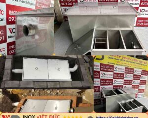 Bẫy mỡ chung cư inox 304 thiết kế âm sàn, gồm các ngăn tách mỡ, giữ rác và lắng bùn cho hệ thống thoát nước của tòa nhà cao tầng.