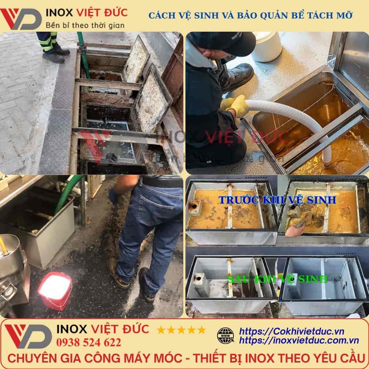 Hướng dẫn cách vệ sinh và bảo quản bể tách mỡ inox 304 cho chung cư và nhà hàng, gồm quy trình hút bùn, thu gom mỡ và rửa ngăn lọc.