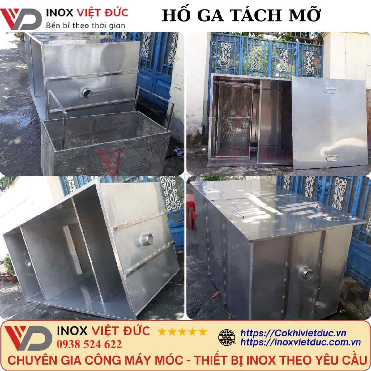 Ảnh hố ga tách mỡ công nghiệp inox 304 được thiết kế với hệ thống 3 ngăn xử lý gồm lọc rác, tách lớp dầu mỡ nổi và lắng nước sạch. Thiết bị thường lắp âm sàn để tối ưu diện tích và đảm bảo khả năng xử lý ổn định cho bếp công nghiệp, bếp trung tâm và nhà máy chế biến thực phẩm. Gia công chuẩn kỹ thuật, vận hành bền bỉ.