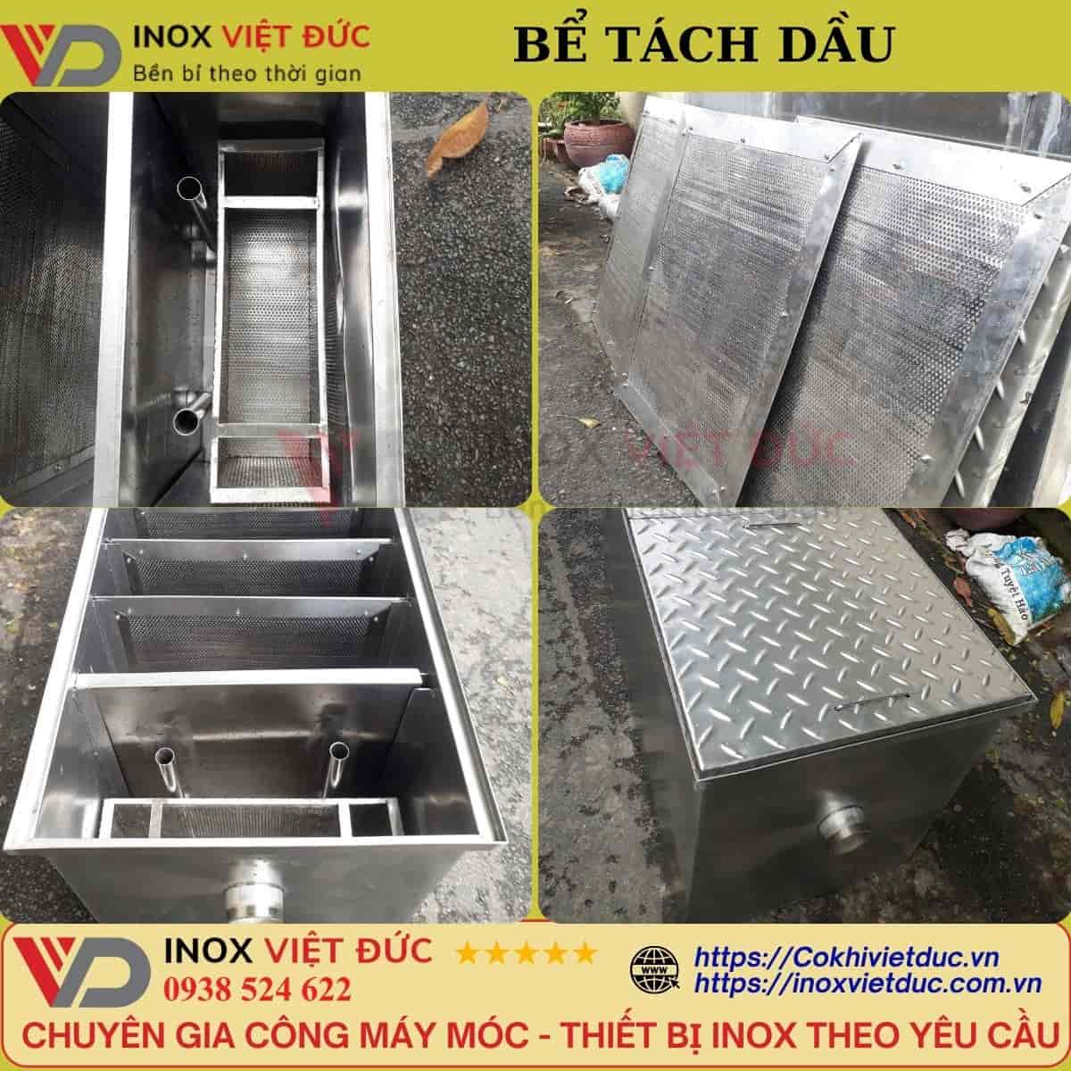 Hố ga tách dầu inox 304 thiết kế âm sàn, gồm các ngăn giữ rác, tách dầu mỡ và lắng bùn cho hệ thống thoát nước công trình.