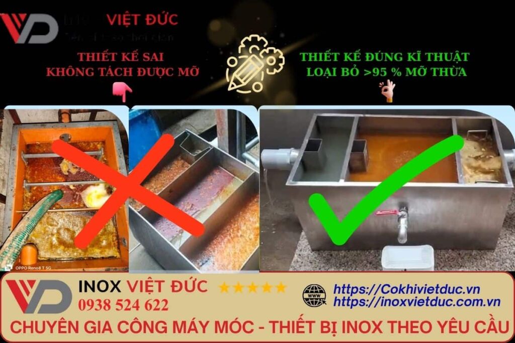 Thiết kế đúng và sai của bể tách mỡ thông minh 450L inox 304 Inox Việt Đức – hướng dẫn bố trí ống và ngăn tách chuẩn kỹ thuật, tránh rò rỉ và tắc nghẽn
