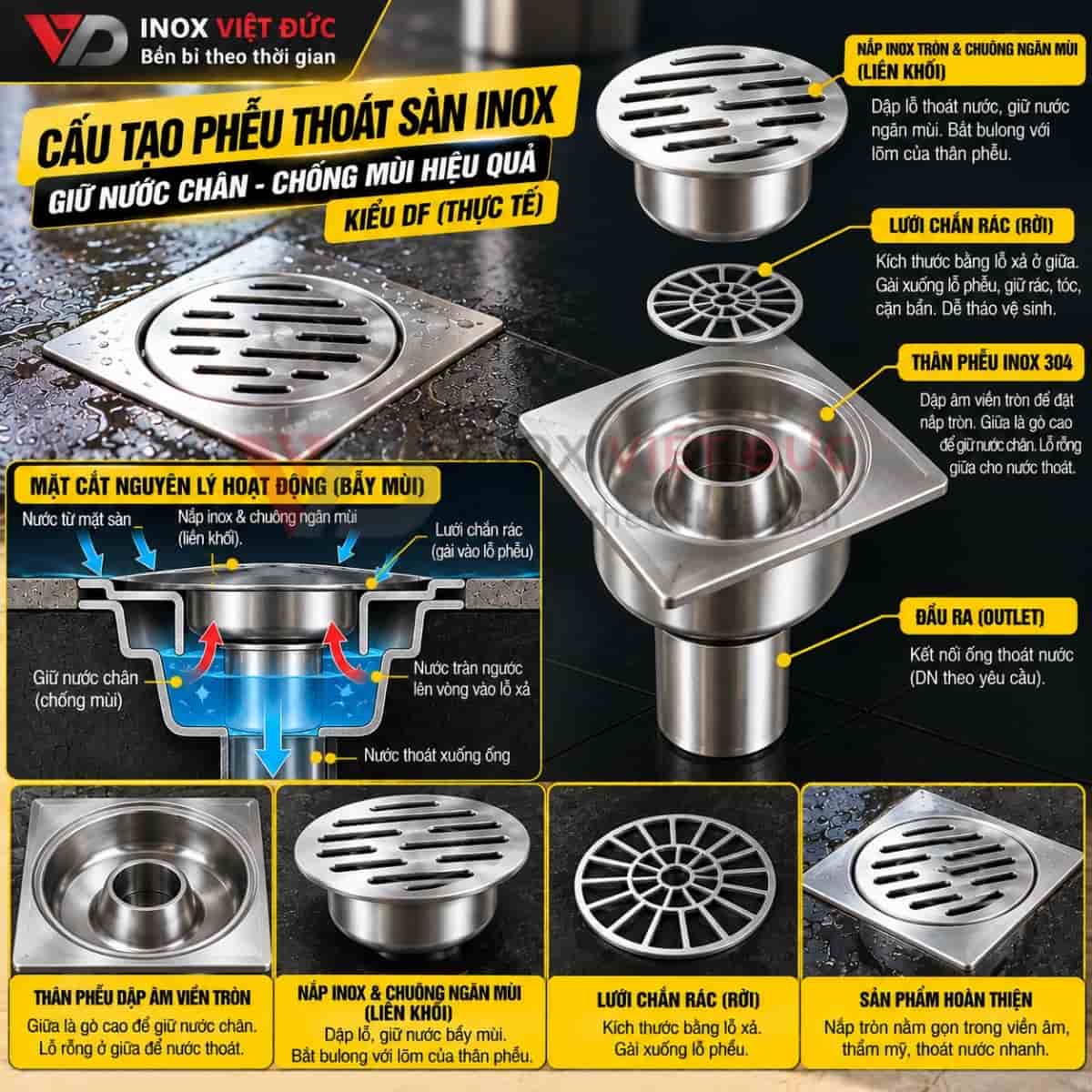 Sơ đồ cấu tạo phễu thoát sàn inox 304 gồm mặt vỉ, khung đỡ, thân phễu và đầu xả kết nối đường ống