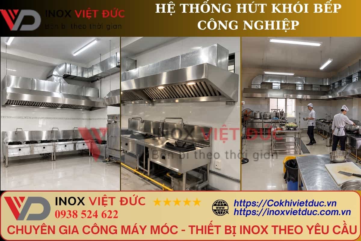 Hệ thống hút khói bếp công nghiệp gồm chụp hút inox, đường ống dẫn khói và quạt hút