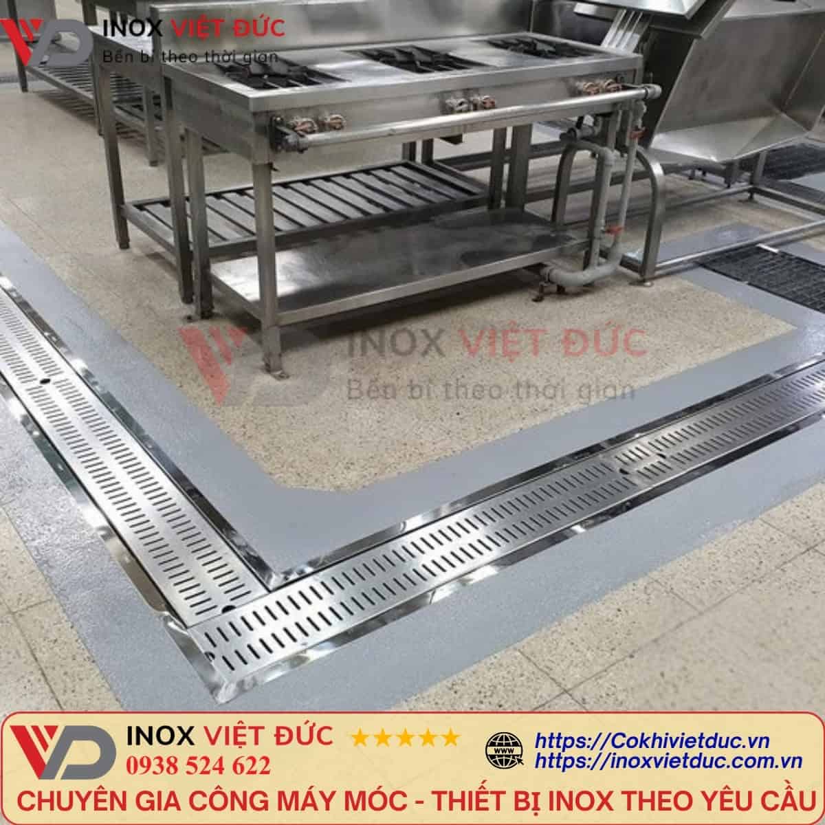 Thoát sàn inox 304 gia công theo yêu cầu, sử dụng cho hệ thống thu và thoát nước sàn bếp công nghiệp