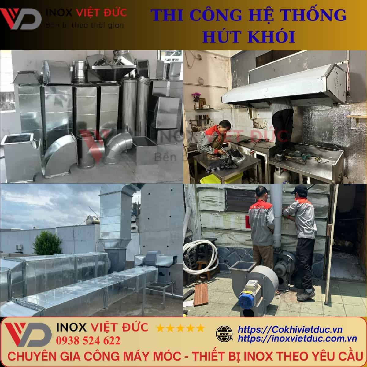 Phụ kiện chụp hút khói công nghiệp inox gồm phin lọc mỡ, máng thu dầu và cổ nối ống