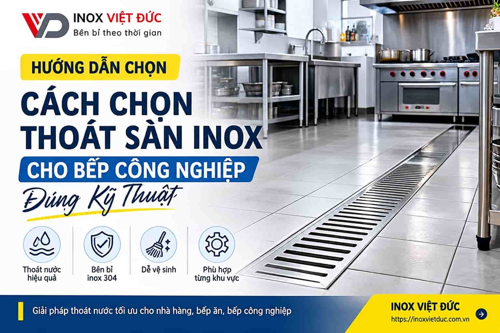 Cách Chọn Thoát Sàn Inox Cho Bếp Công Nghiệp Đúng Kỹ Thuật 1 Cách chọn thoát sàn inox cho bếp công nghiệp với mương thu nước inox lắp âm sàn trong khu bếp hiện đại