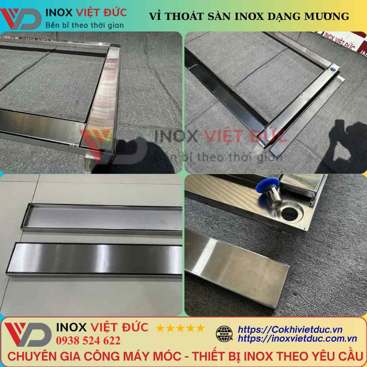 Thoát sàn inox kiểu lát gạch với nắp âm gạch tháo rời và khe thu nước xung quanh