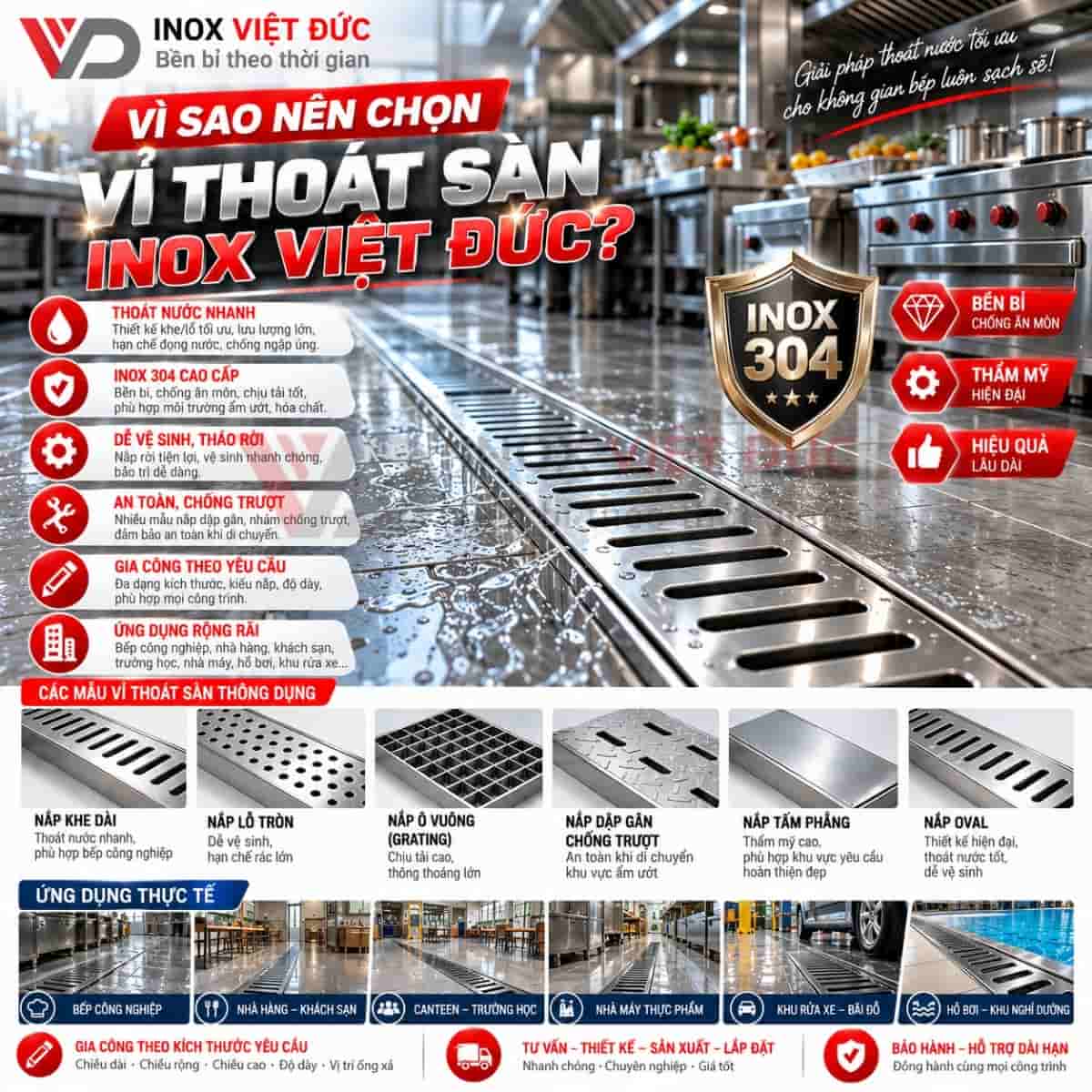 Thoát sàn inox 304 dùng thu gom nước trên sàn bếp công nghiệp