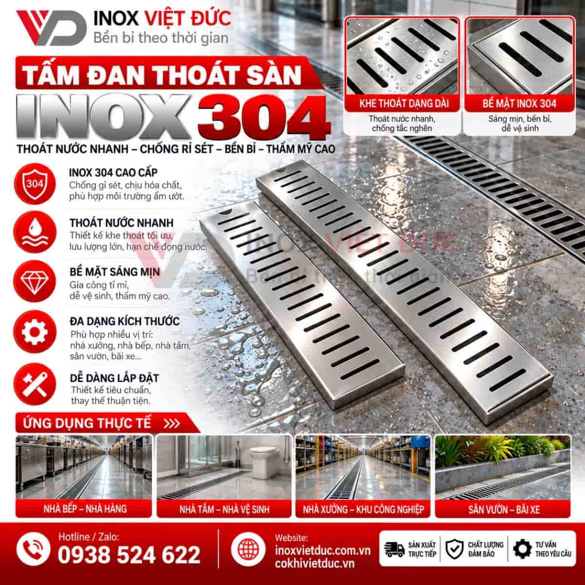 Máng thu nước inox bếp công nghiệp bằng inox 304, thiết kế dạng rãnh dài thu gom và dẫn nước sàn khu bếp