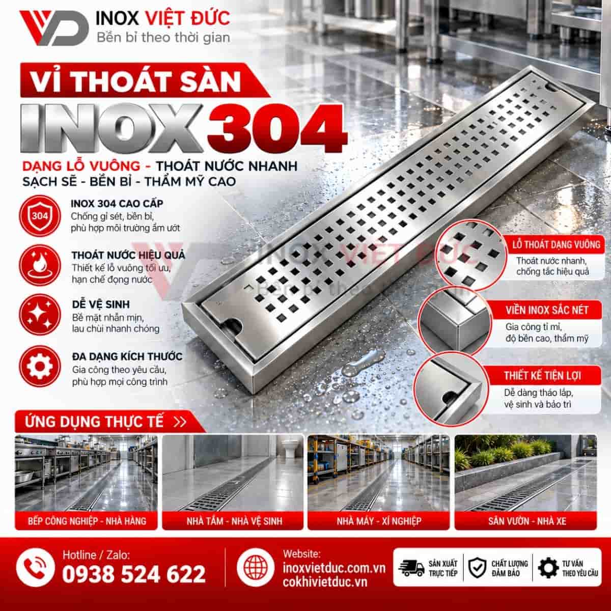 Mương Thoát Nước Inox Âm Sàn 10 Mương thoát nước inox âm sàn gia công theo kích thước, sử dụng cho bếp công nghiệp và khu vực thu nước dạng tuyến