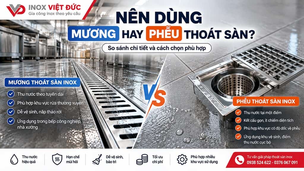 Nên Dùng Mương Hay Phễu Thoát Sàn? So Sánh Và Cách Chọn 1 So sánh mương và phễu thoát sàn inox để lựa chọn giải pháp thu nước phù hợp