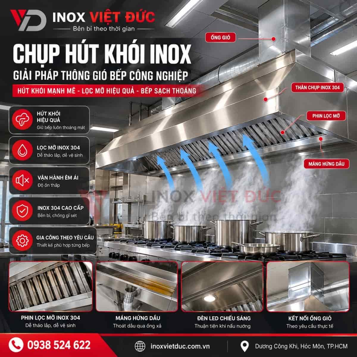 Chụp hút mùi công nghiệp bằng inox lắp đặt phía trên khu vực nấu