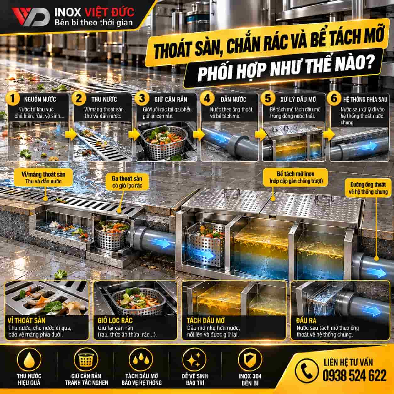 Sơ đồ phối hợp hệ thống thoát sàn inox, chắn rác và bể tách mỡ trong xử lý nước thải bếp công nghiệp