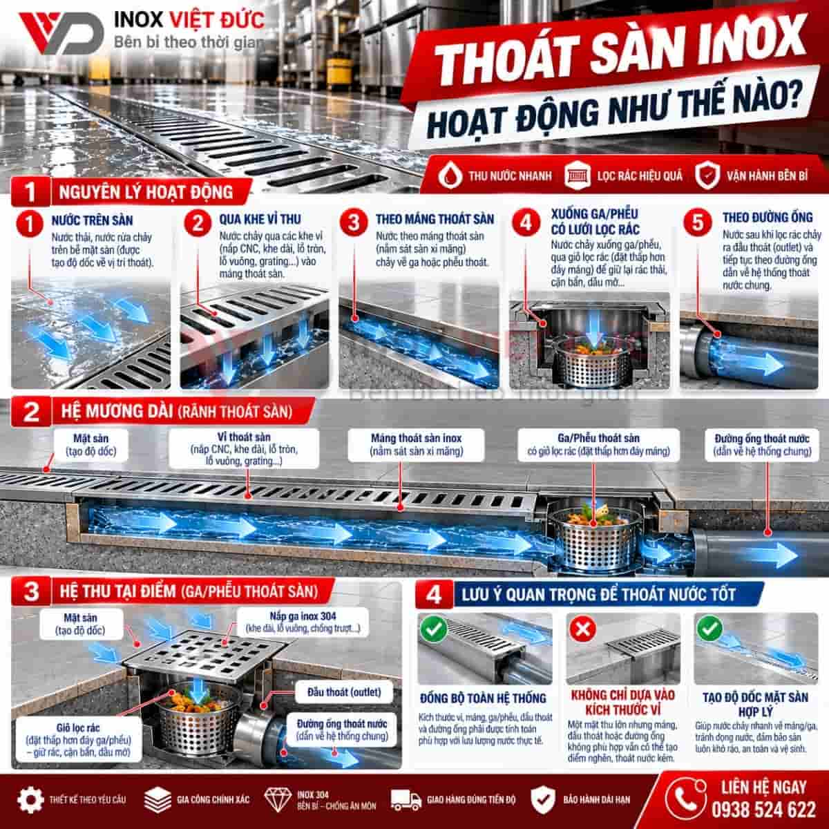 Đầu thoát nước inox dưới thân máng kết nối với đường ống thoát nước công nghiệp