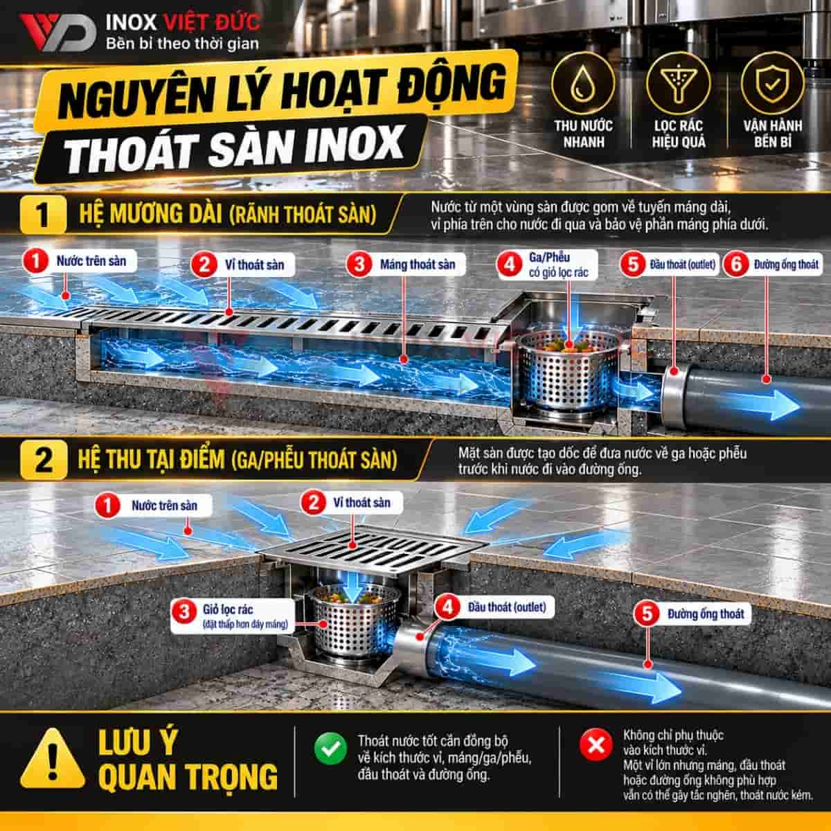 Sơ đồ nguyên lý hoạt động vỉ thoát sàn inox thu nước qua máng, chắn cặn và dẫn về đường ống