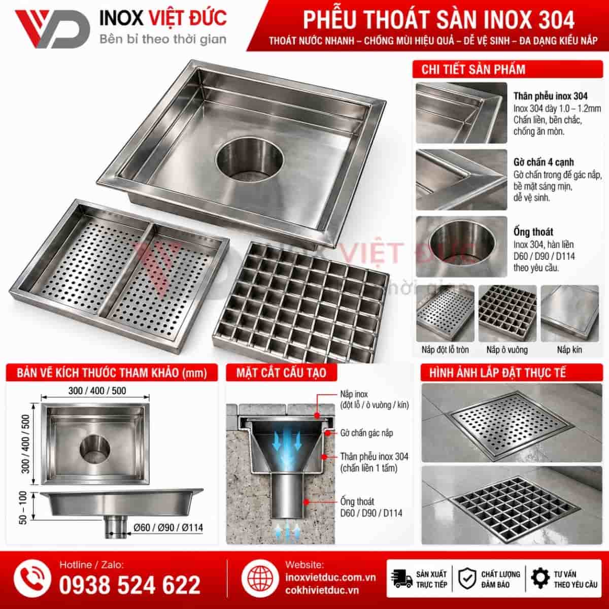 Phễu thoát sàn inox vuông dùng để thu nước tại một điểm trên bề mặt sàn