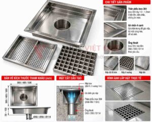 Phễu thoát sàn inox 304 dạng vuông với nắp thu nước tháo rời, sử dụng cho hệ thống thoát nước sàn
