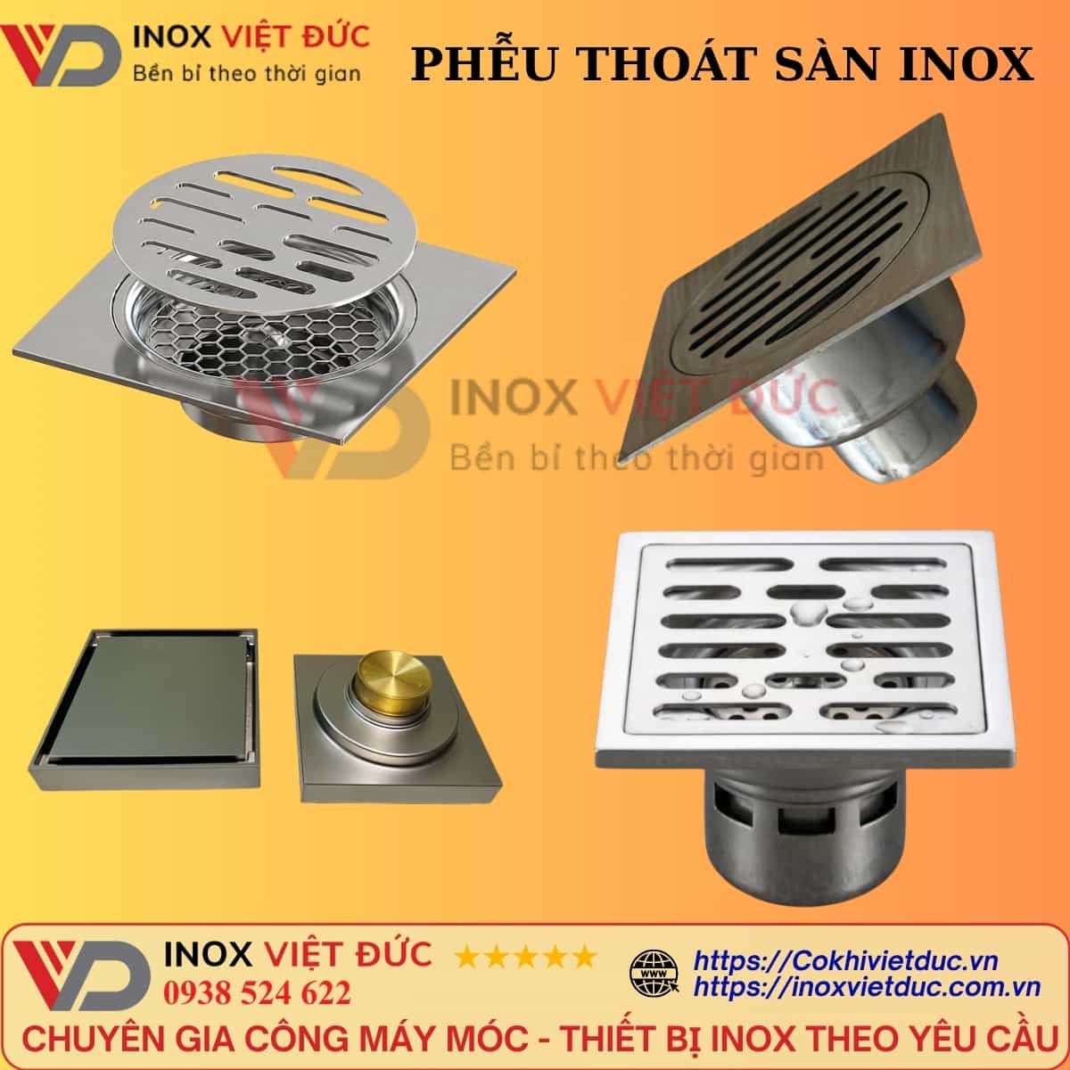 Phễu thoát sàn inox D60 và D90 với hai kích thước đầu xả kết nối đường ống thoát nước