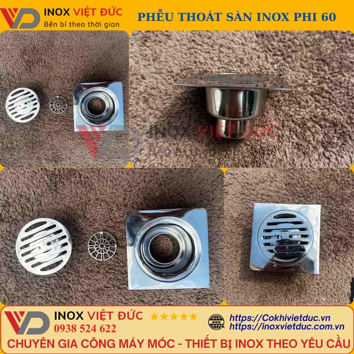 Phễu inox thoát sàn với mặt vỉ thu nước và thân phễu kết nối đường ống thoát