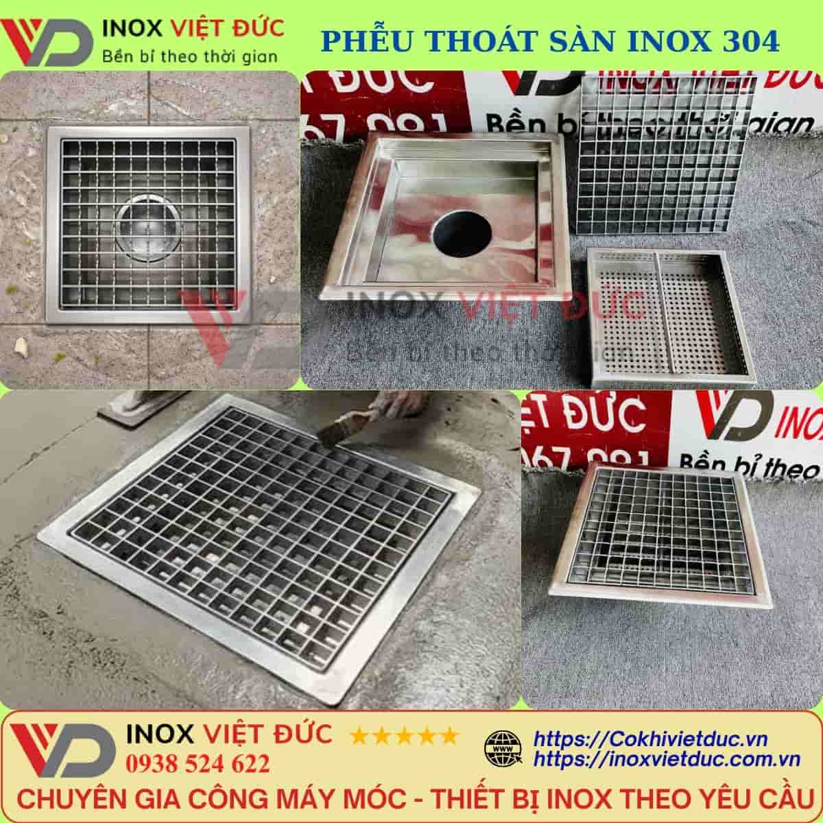 Phễu thu sàn inox 304 giới thiệu bởi Inox Việt Đức, thiết kế thu nước tại điểm và gia công theo yêu cầu