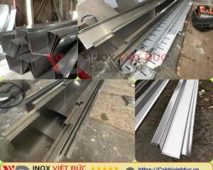 Thi công máng thoát sàn inox tại khu bếp công nghiệp, bố trí rãnh thu nước và kết nối cửa xả với đường ống