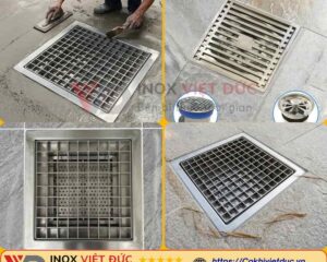 Thi công lắp đặt phễu thoát sàn inox vuông tại vị trí thu nước, kết nối cổ xả với hệ thống đường ống