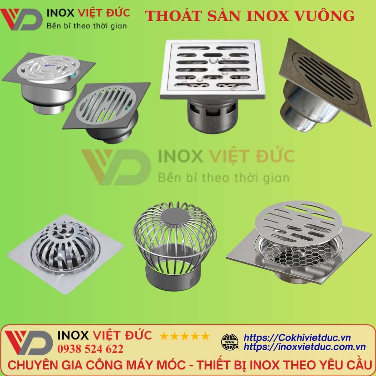 Ưu điểm phễu thu sàn inox 304 với vật liệu chống ăn mòn, dễ vệ sinh và tùy chọn cổ xả phi 60, 90, 110