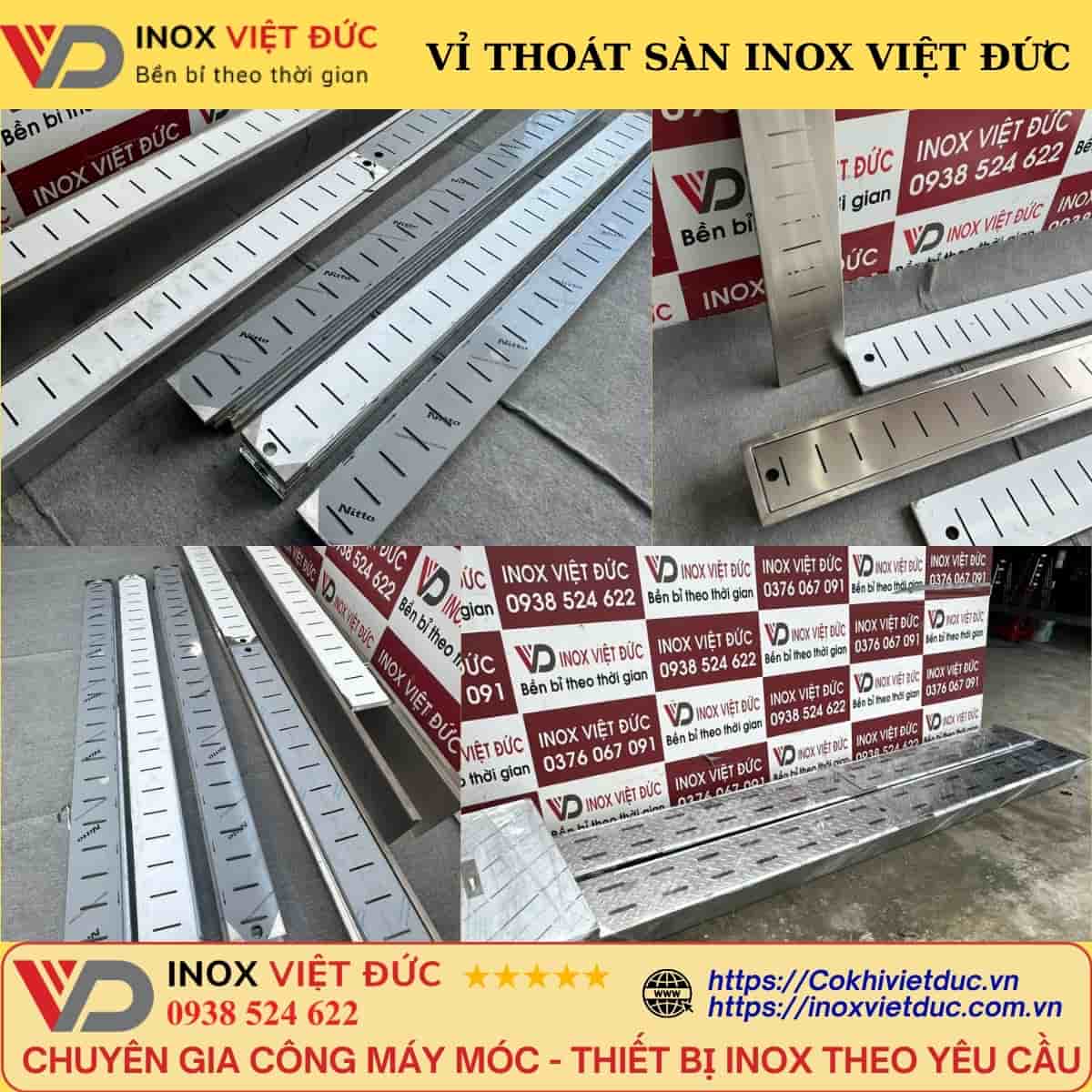 Danh mục thoát sàn inox 304 gồm vỉ và máng thu nước gia công tại Inox Việt Đức