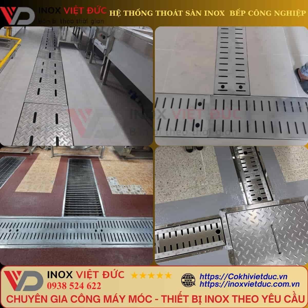 Thoát sàn inox 304 cho bếp ăn công nghiệp, thu gom nước tại khu rửa và sơ chế thực phẩm