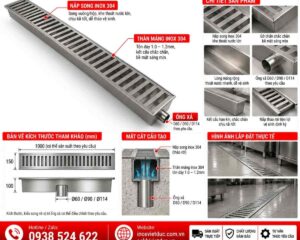 Thoát sàn inox 304 cho bếp ăn công nghiệp với hệ thống thu gom nước thải