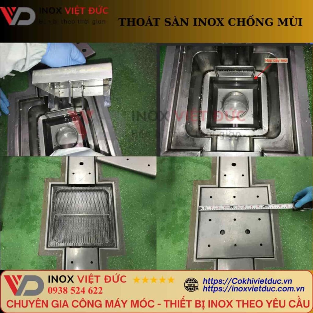 Cách Chọn Thoát Sàn Inox Cho Bếp Công Nghiệp Đúng Kỹ Thuật 5 Gia công thoát sàn inox chống mùi theo kích thước và bản vẽ tại xưởng Inox Việt Đức