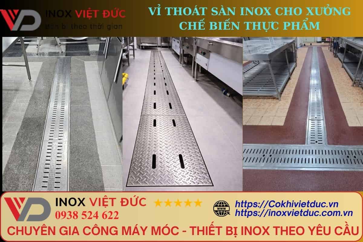 Vỉ thoát sàn inox cho bếp ăn công nghiệp dạng rãnh dài giúp thu gom nước tại khu sơ chế và rửa thực phẩm
