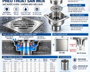 Sơ đồ cấu tạo phễu thu sàn inox 304 gồm mặt thu nước, thân phễu và cổ xả tùy chọn phi 60, 90, 110
