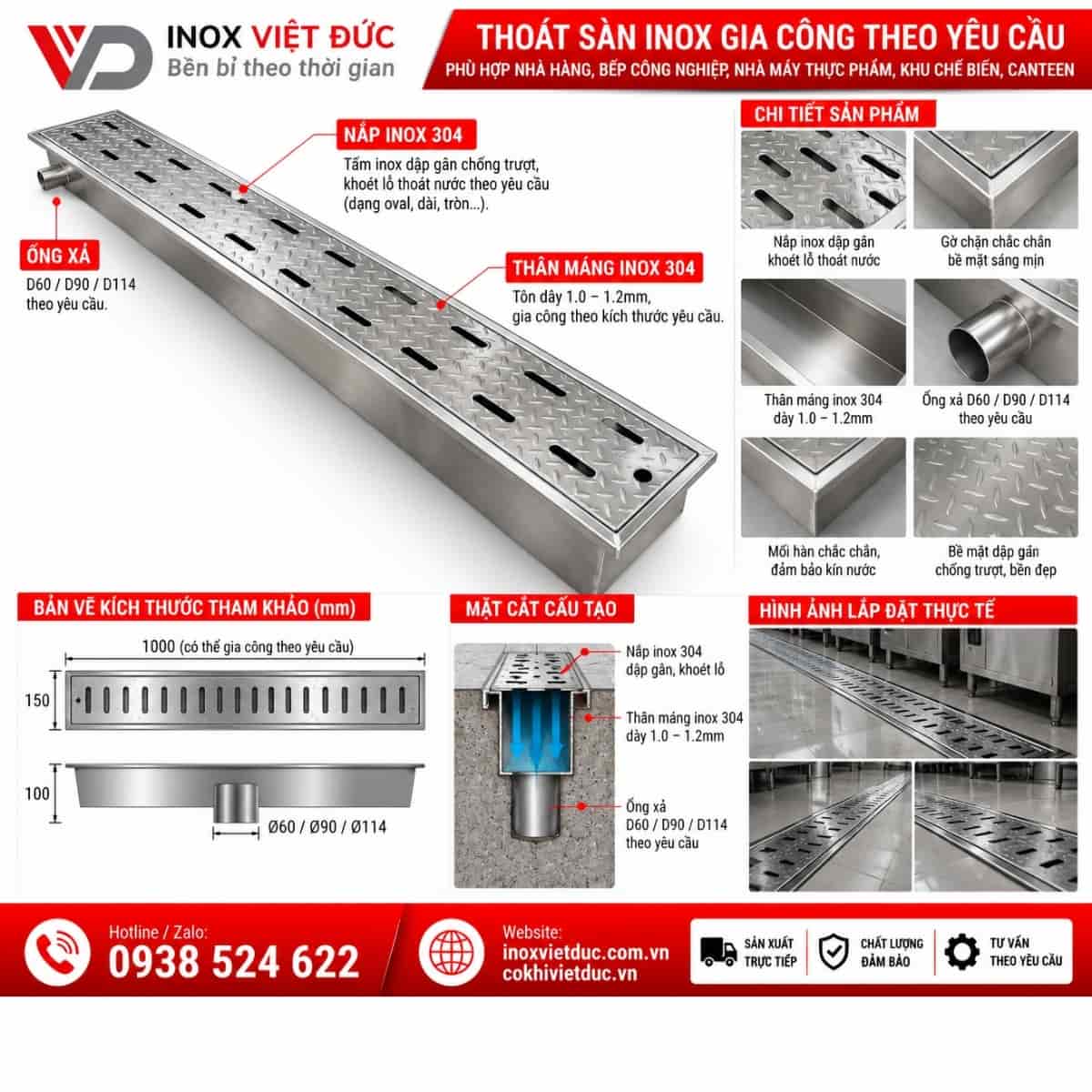 Thoát sàn inox dạng mương dài kết hợp vỉ thu nước và thân máng cho khu vực sàn công nghiệp