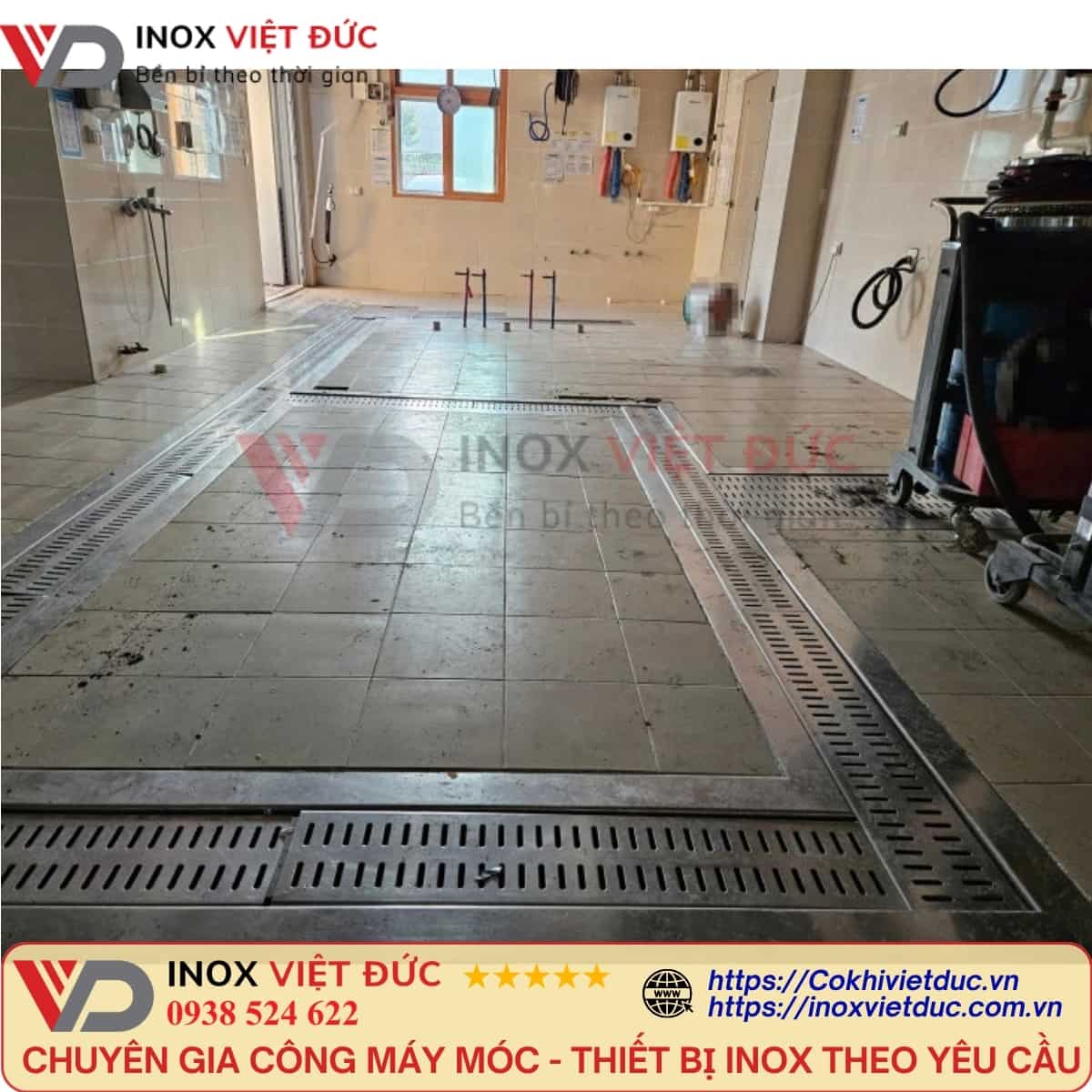 Hệ thống thoát sàn inox âm sàn với máng thu nước lắp chìm trong nền công nghiệp