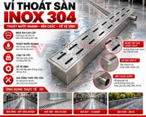 Vỉ thoát sàn inox dạng mương chữ nhật bằng inox 304, mặt vỉ tháo rời kết hợp thân mương thu nước gia công theo yêu cầu